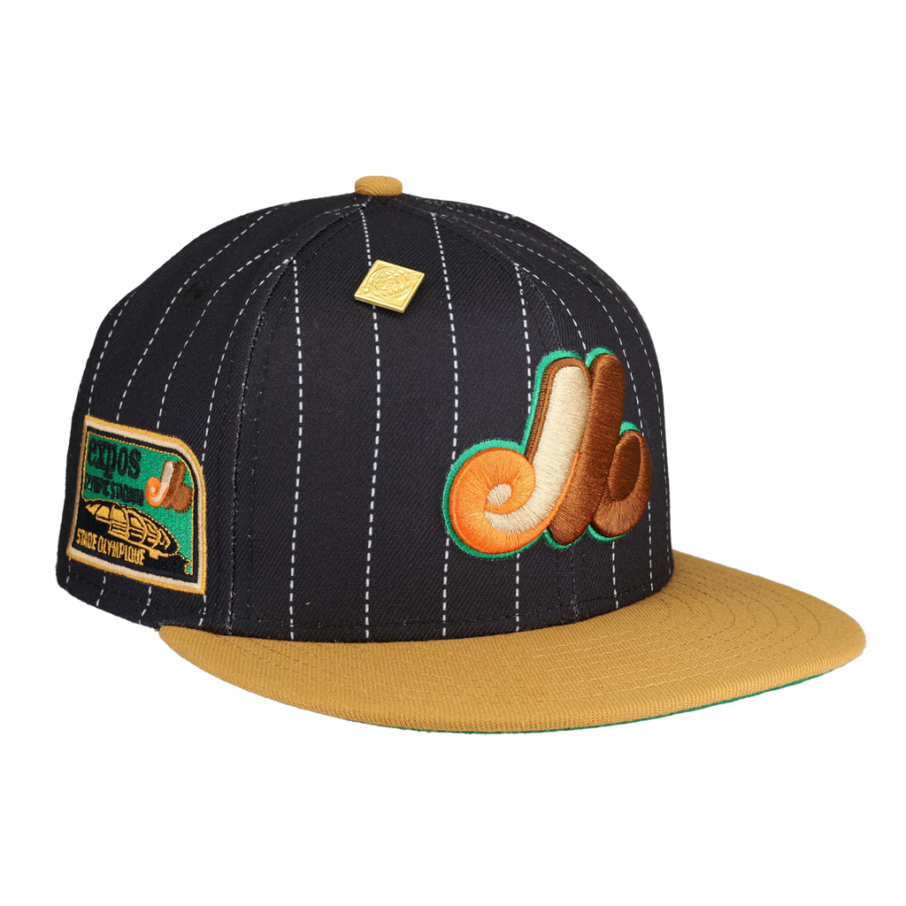 Montreal Expos Pinstripe Olympic Stadium Patch Fitted Hat CapsuleHats