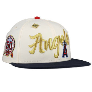 Anaheim Angels 50th Anniversary Off White Metallic Script 59Fifty Fitted Hat, side view