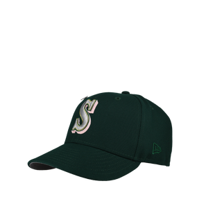 Seattle Mariners 20th Anniversary Green/Pink Metallic 59Fifty Fitted Hat, close-up detail