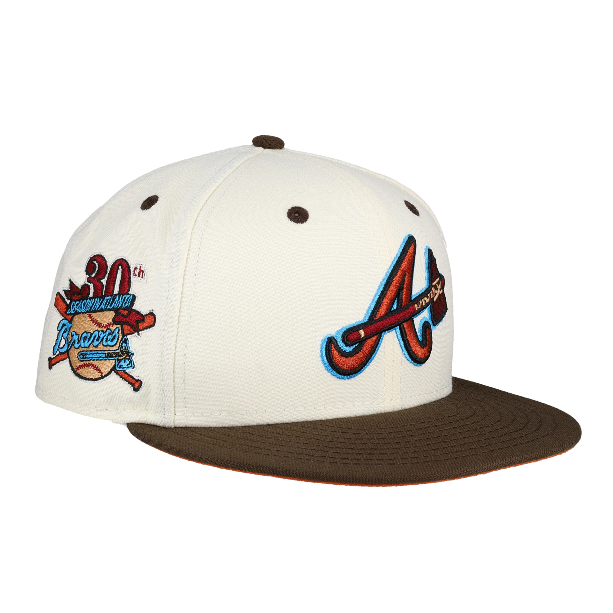 Atlanta Braves 30th Season Side Patch Exclusive Fitted Cap - White with Brown Logos 7 1/2